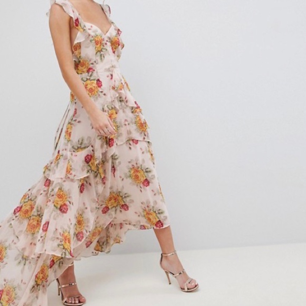 ASOS DESIGN ruffle maxi dress in rose floral print